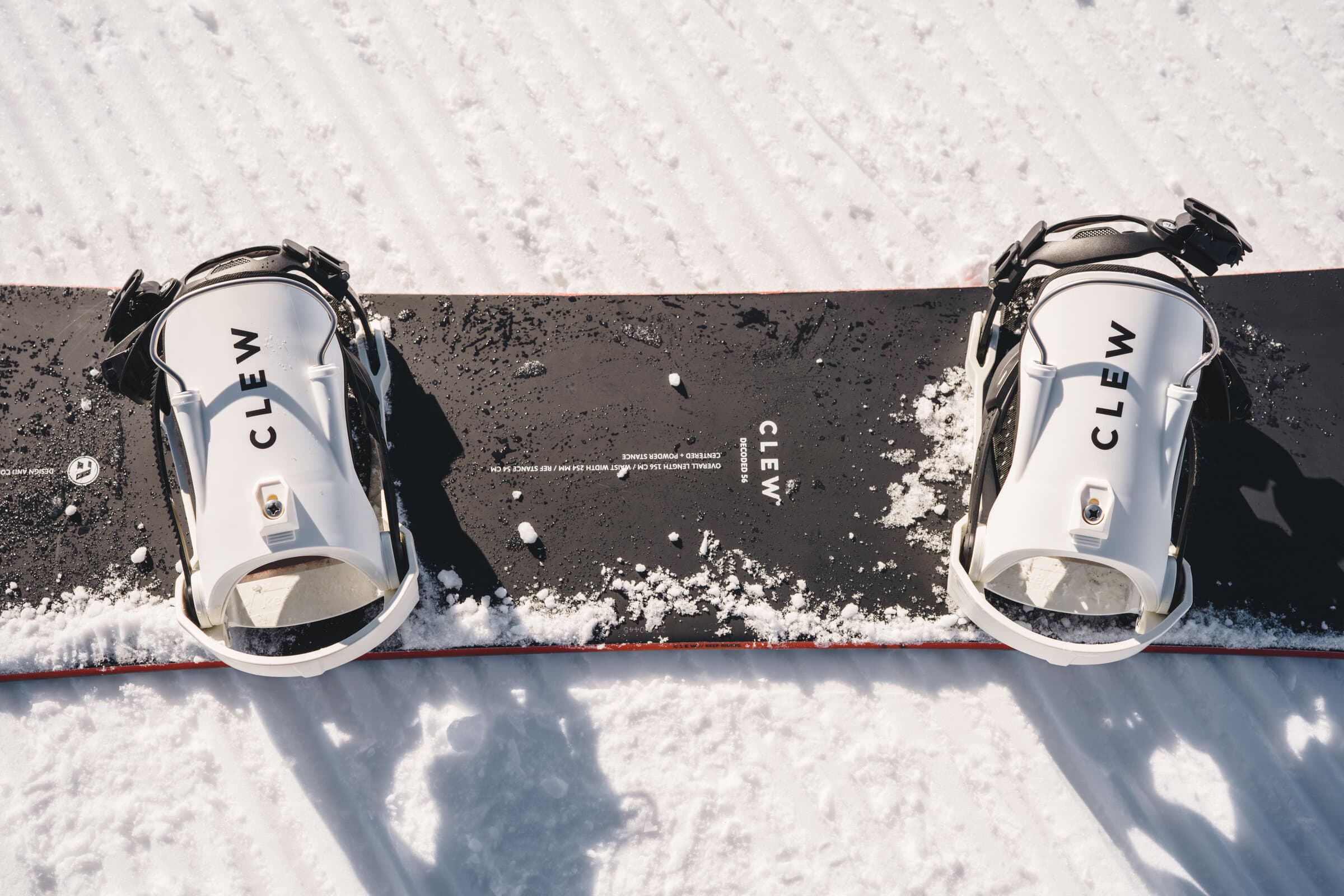 Clew bindings mounted on snowboard - top view